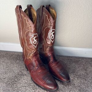 Tony Lama Brown Leather Cowboy Boots with White Stitching
